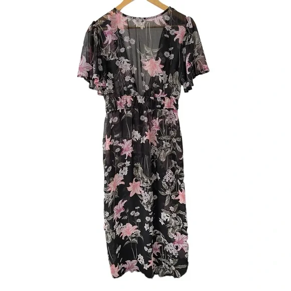 Lily White Floral Tie Front Swim Coverup Woman’s Medium High Low Short Sleeve - Picture 2 of 5